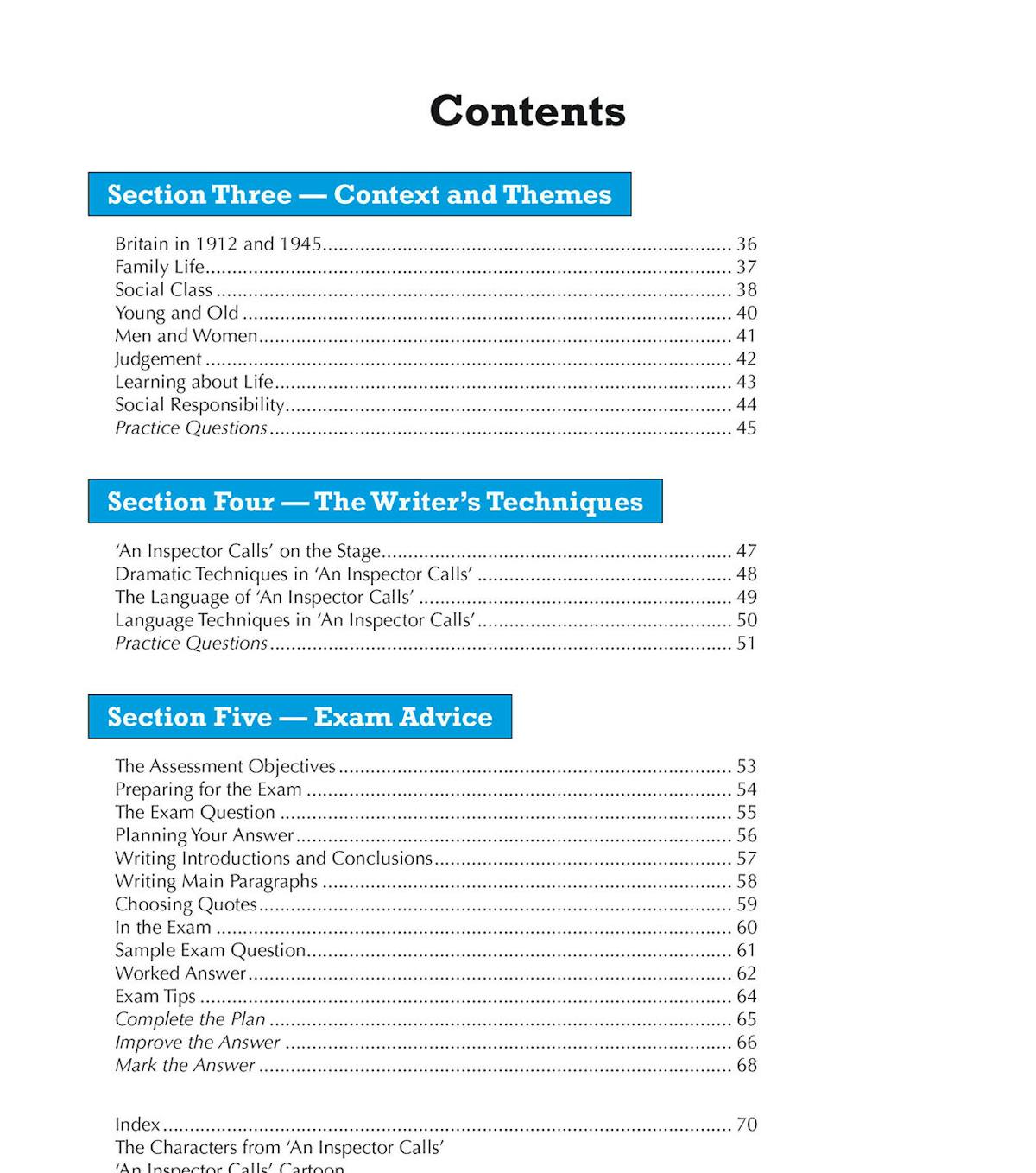 Contents page displaying five main sections including context, themes, writer's techniques and exam advice