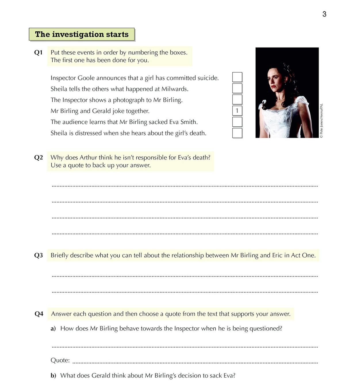 Page showing Act One analysis questions with true/false statements and quote prompts