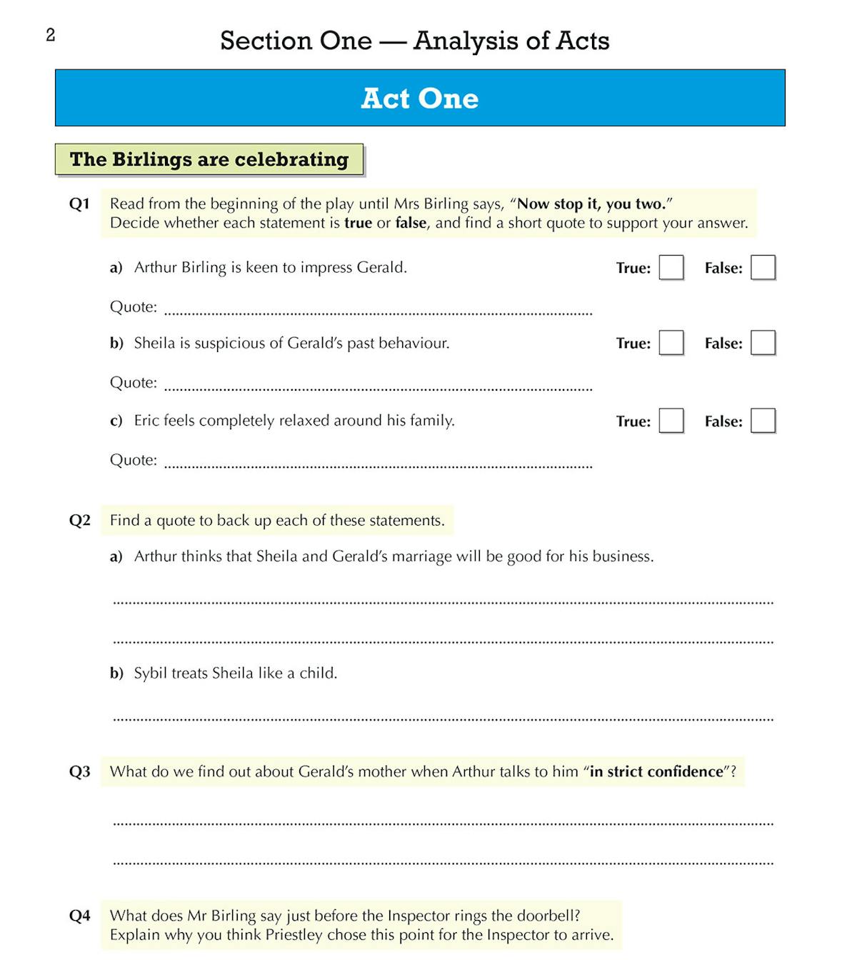 Workbook page with plot sequencing exercise and character analysis prompts