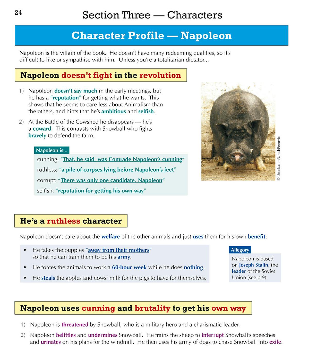 Character analysis page showing Napoleon's profile with key quotations and themes highlighted