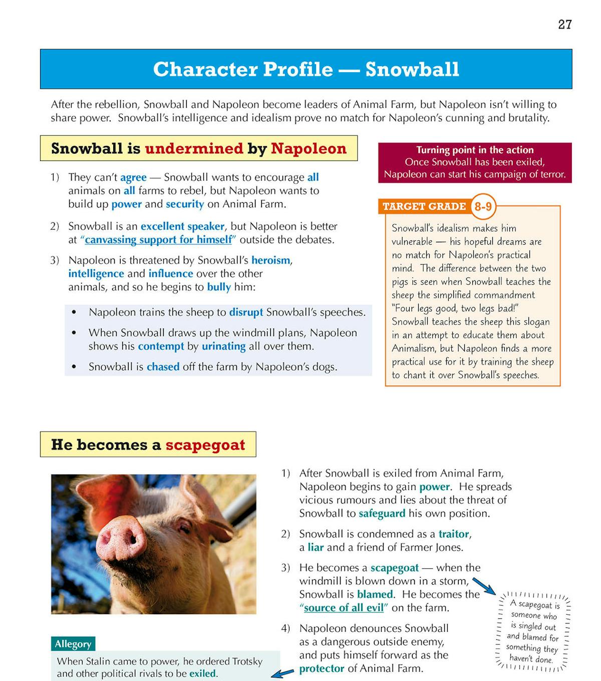 Animal Farm Text Guide showing character profile page for Snowball with annotations and analysis