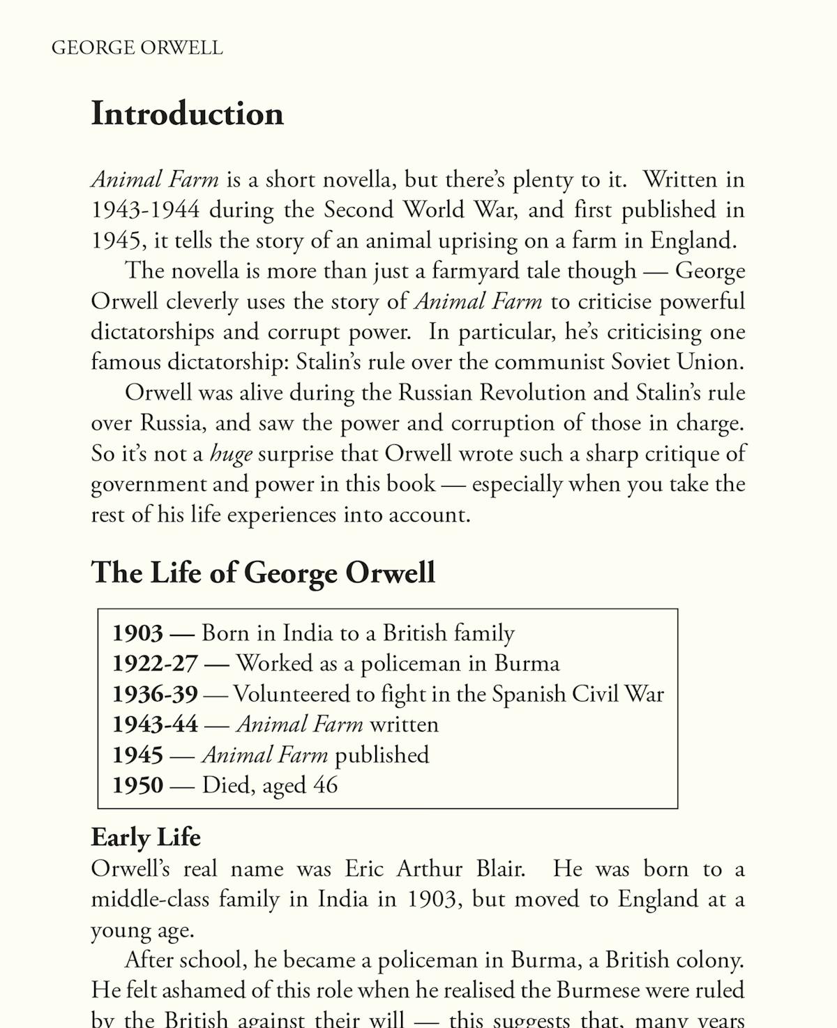 Introduction page showing George Orwell's biography and the historical context of Animal Farm