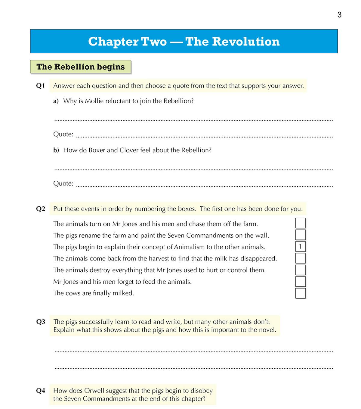 Sample workbook page showing Chapter Two analysis questions
