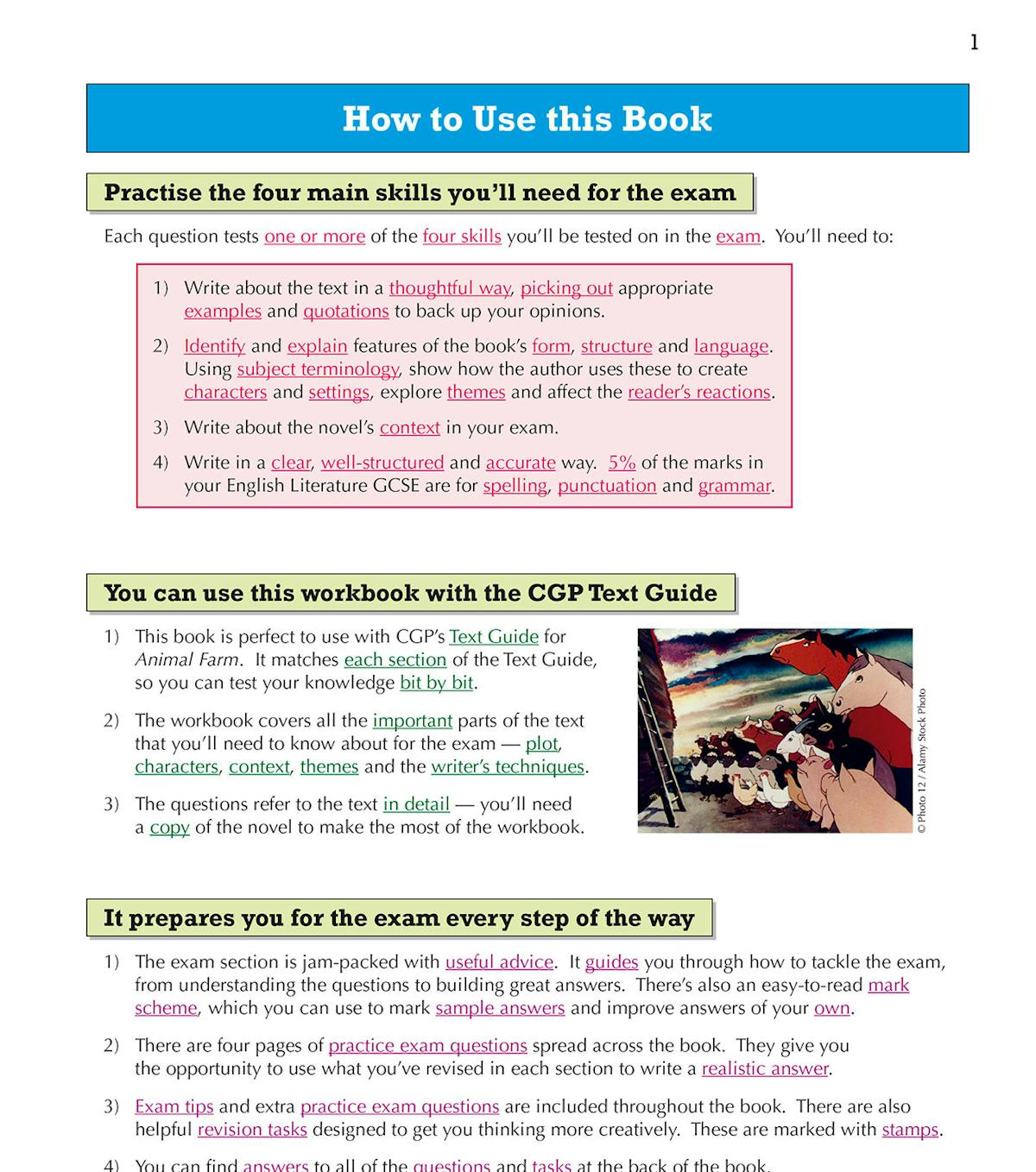 Animal Farm Workbook introduction page explaining how to use the book and practise exam skills