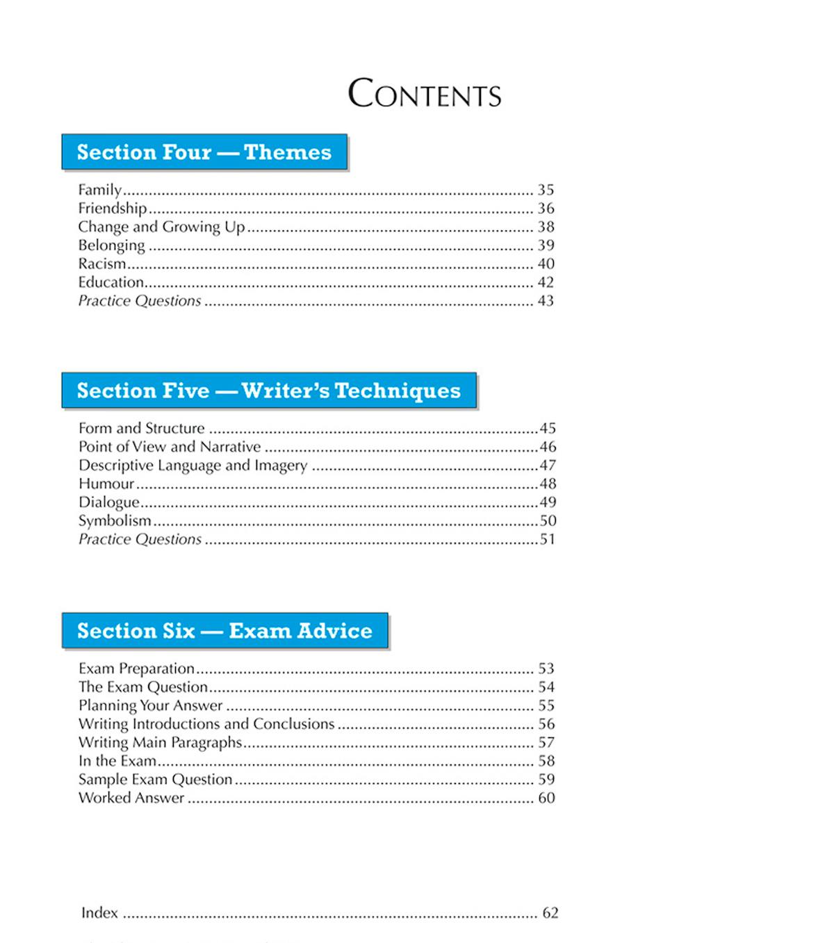 Contents page showing themes, writer's techniques and exam advice sections