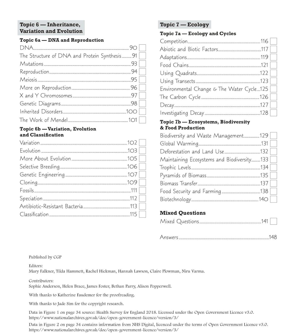 Contents page showing biology topics including Inheritance, Variation and Evolution, and Ecology