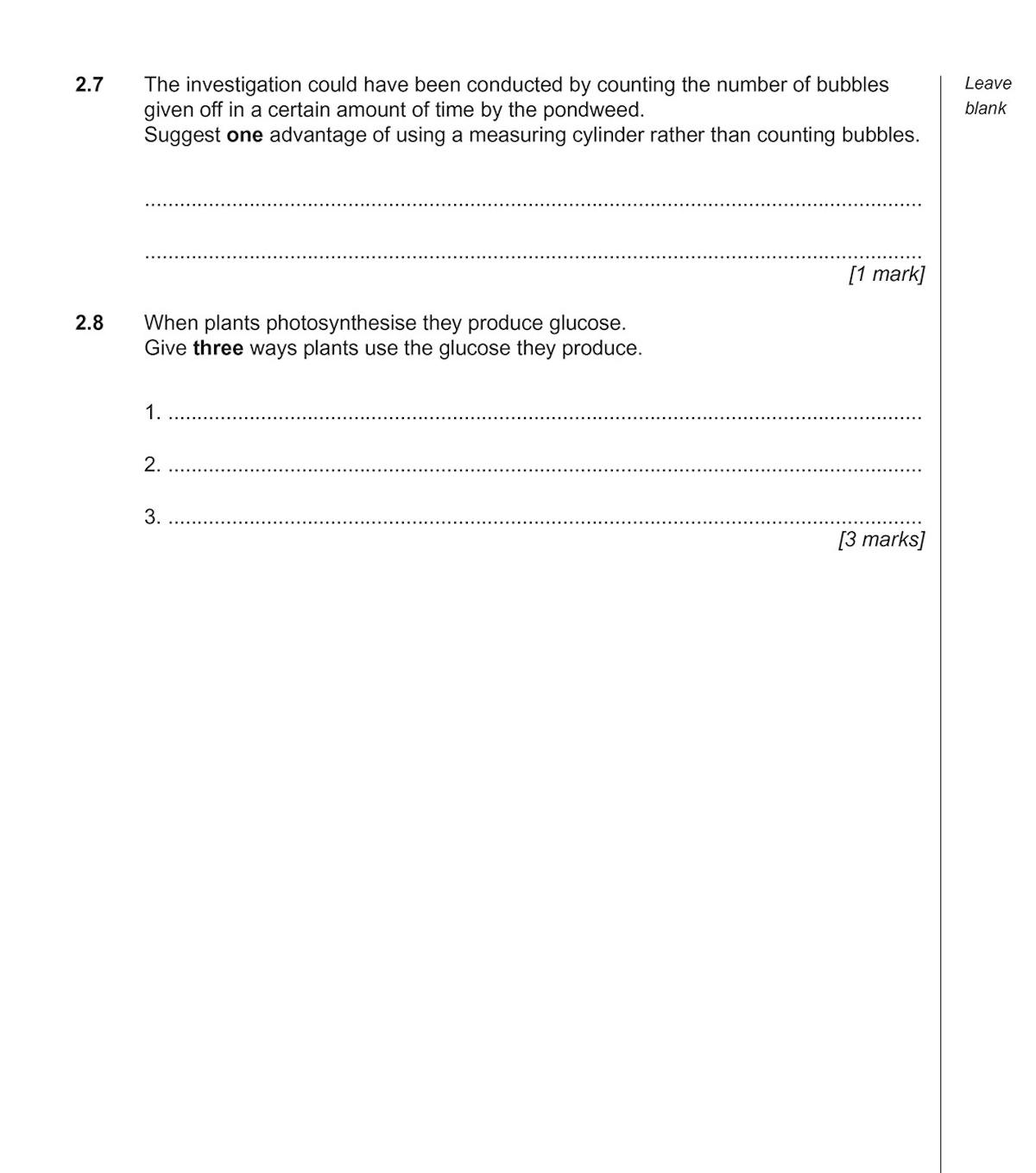 Sample page showing photosynthesis investigation questions