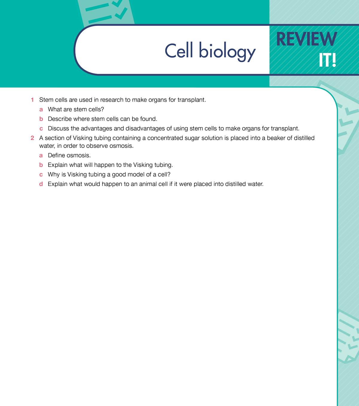 Cell biology review page showing structured revision questions