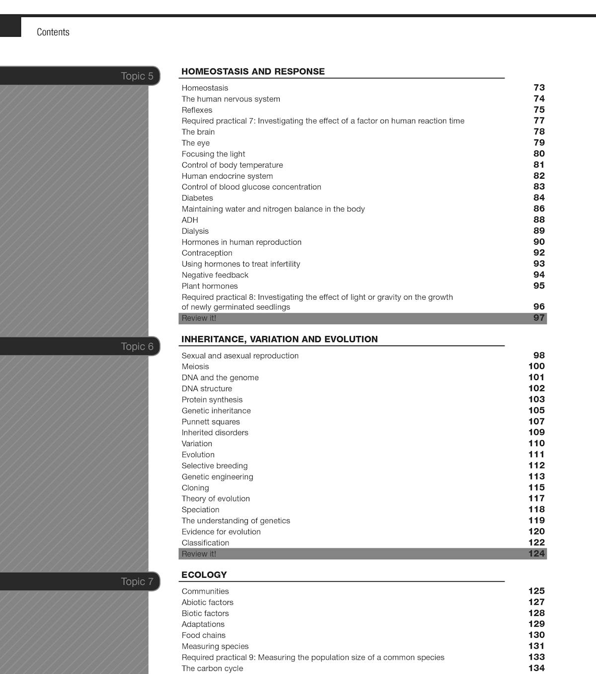 Contents page displaying Biology topics including homeostasis, inheritance and ecology