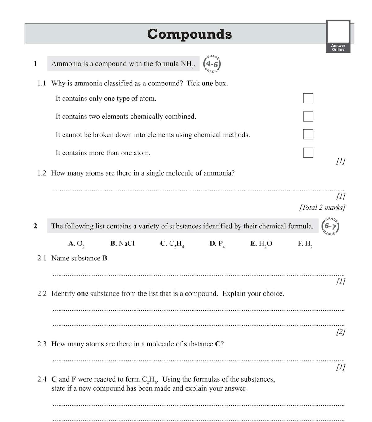 Sample workbook page showing compounds questions with tick boxes and answer lines