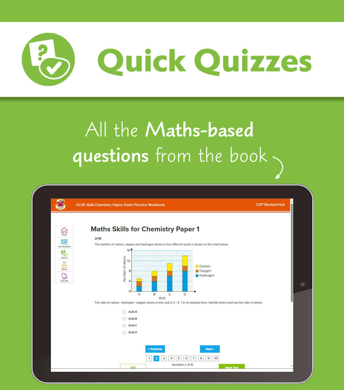 Quick Quizzes feature showing maths-based Chemistry questions on a tablet screen
