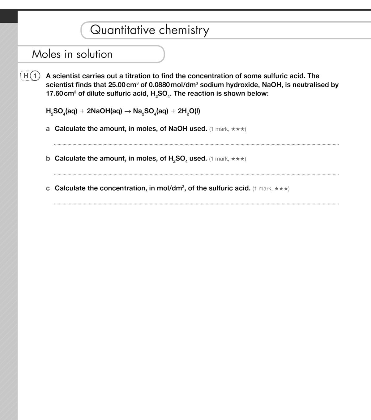 Quantitative chemistry page with moles in solution titration question