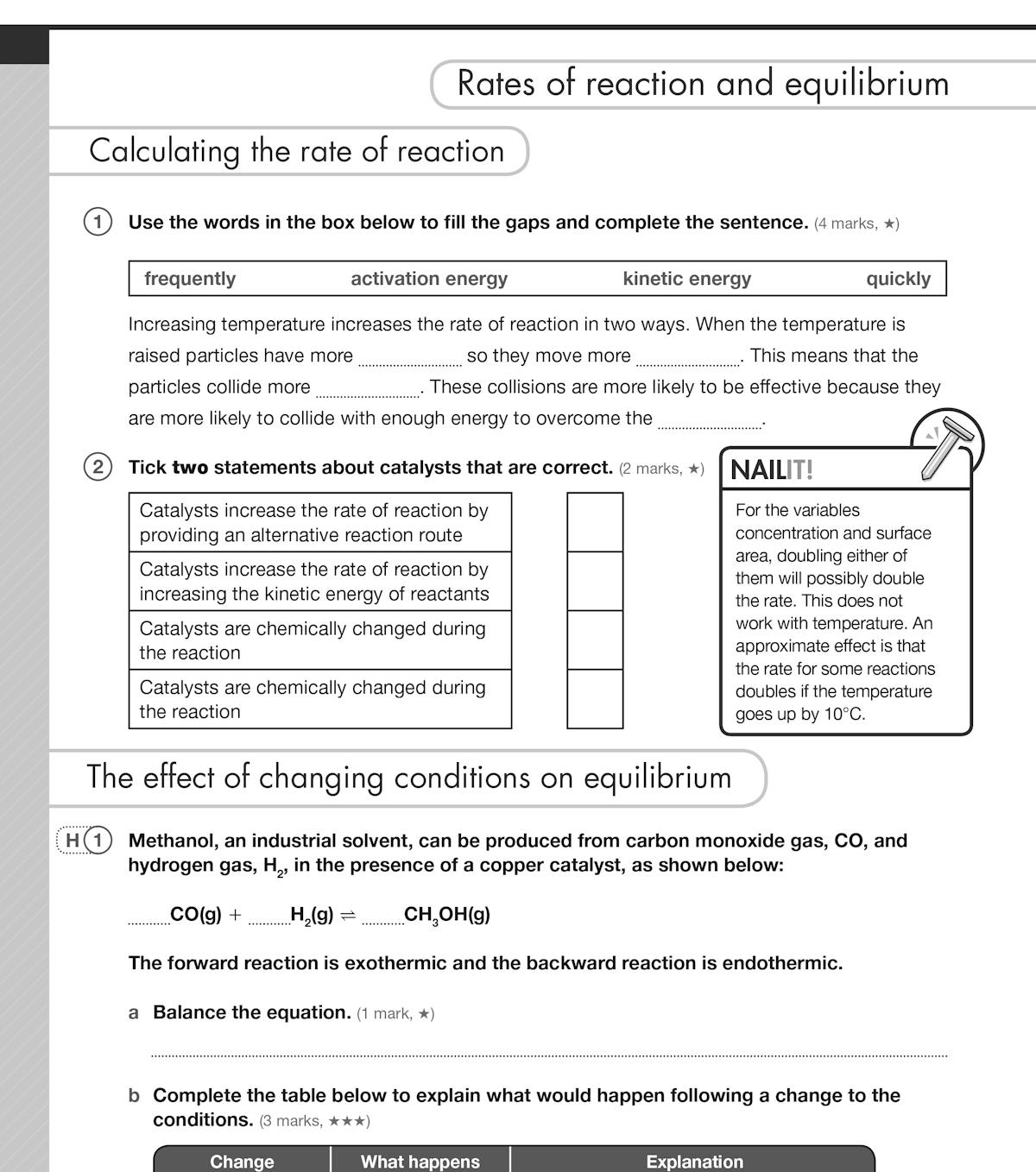 Sample page showing rates of reaction and equilibrium questions with Nail It! examiner tips