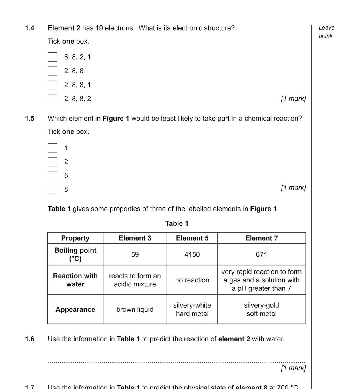 Sample exam question page showing periodic table and element properties questions