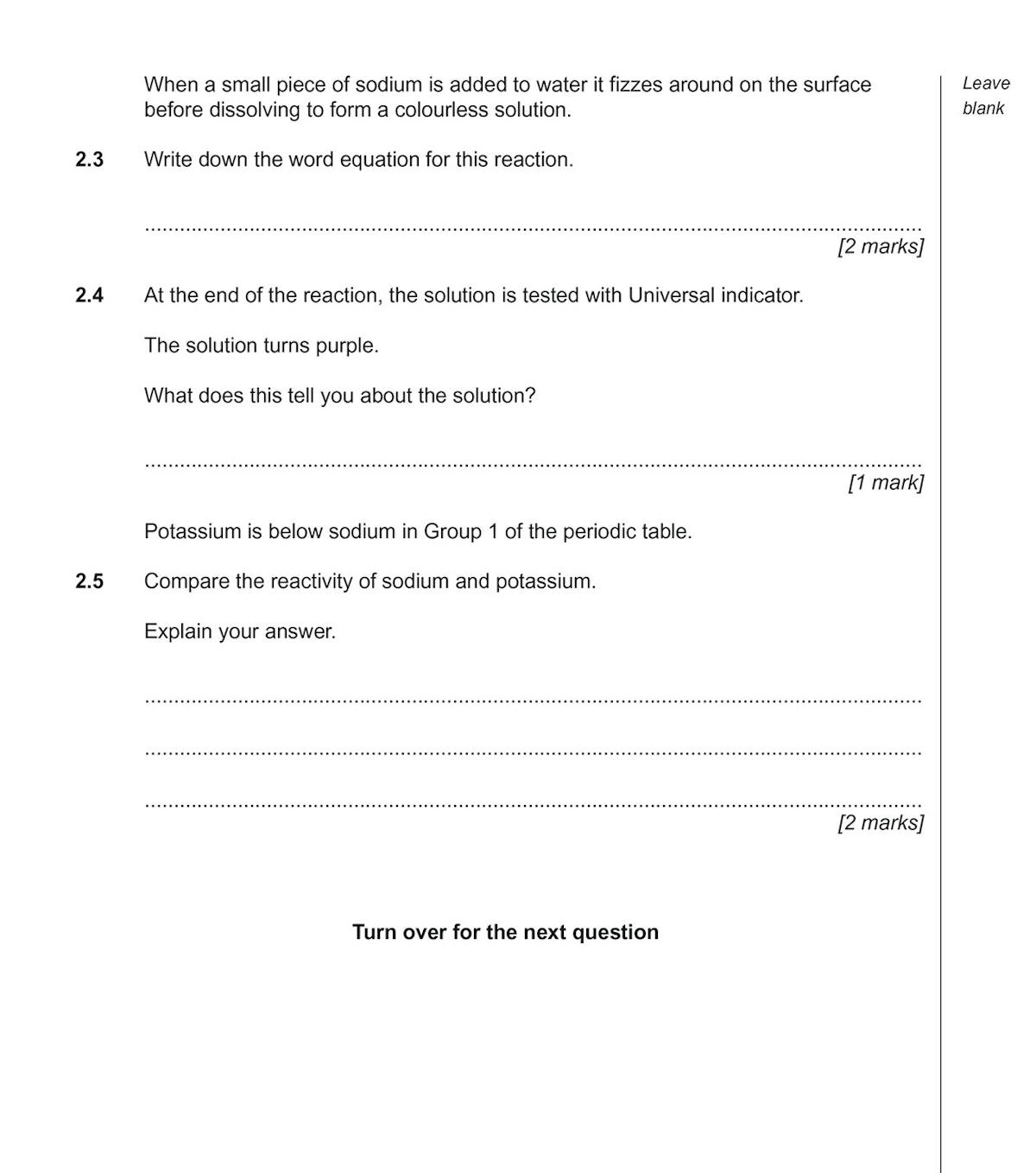 Sample exam question page covering sodium reactions and periodic trends