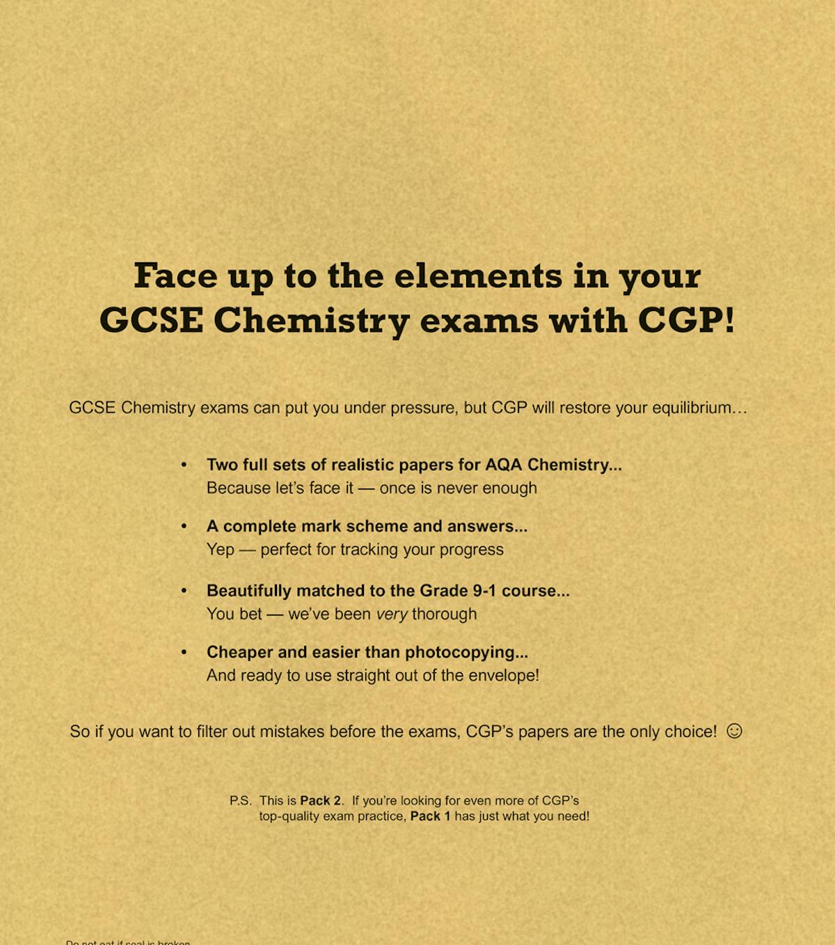 Back cover of CGP AQA GCSE Chemistry Practice Papers Higher Pack 2