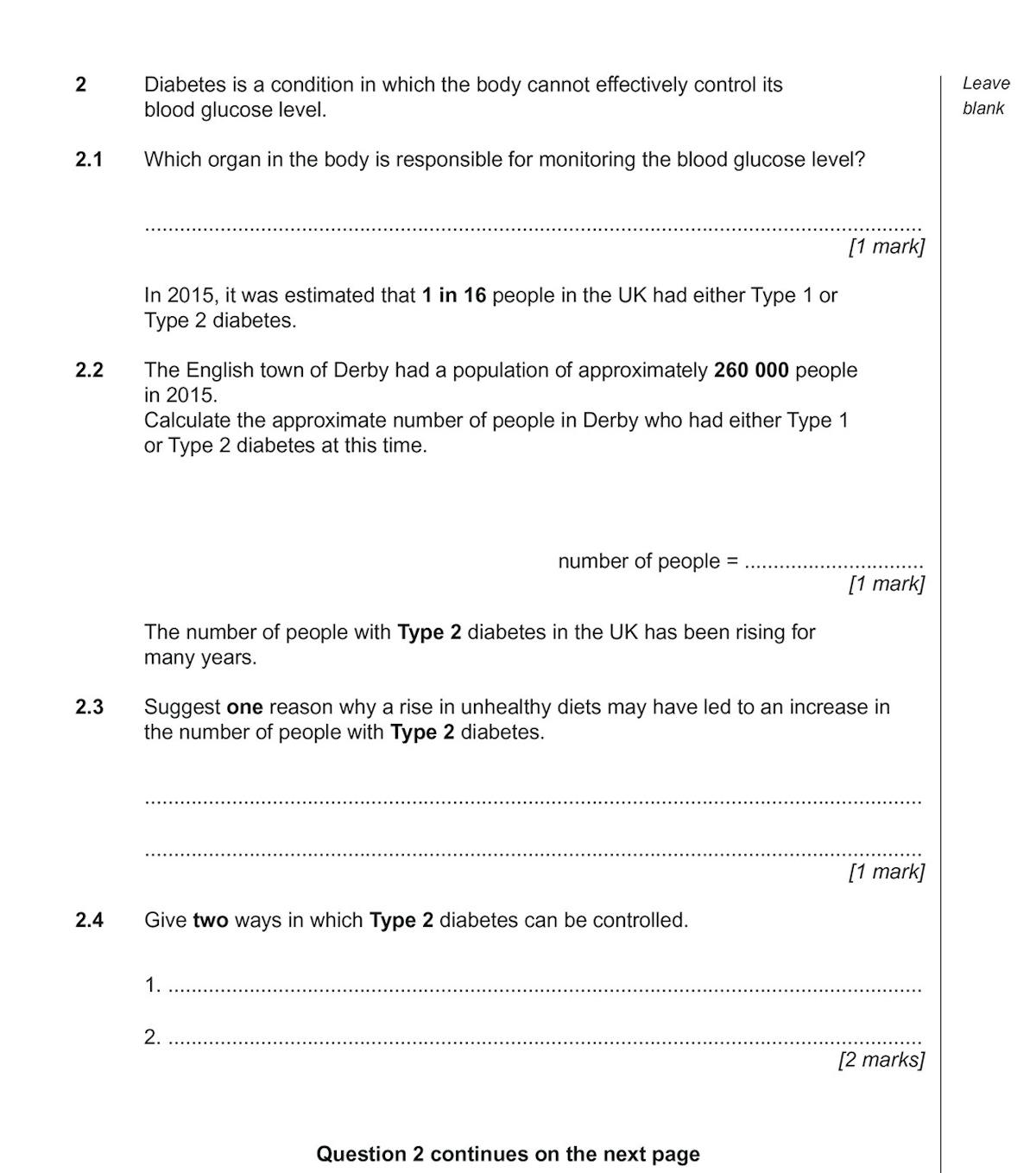 Sample page from the Biology paper showing questions on diabetes and blood glucose control