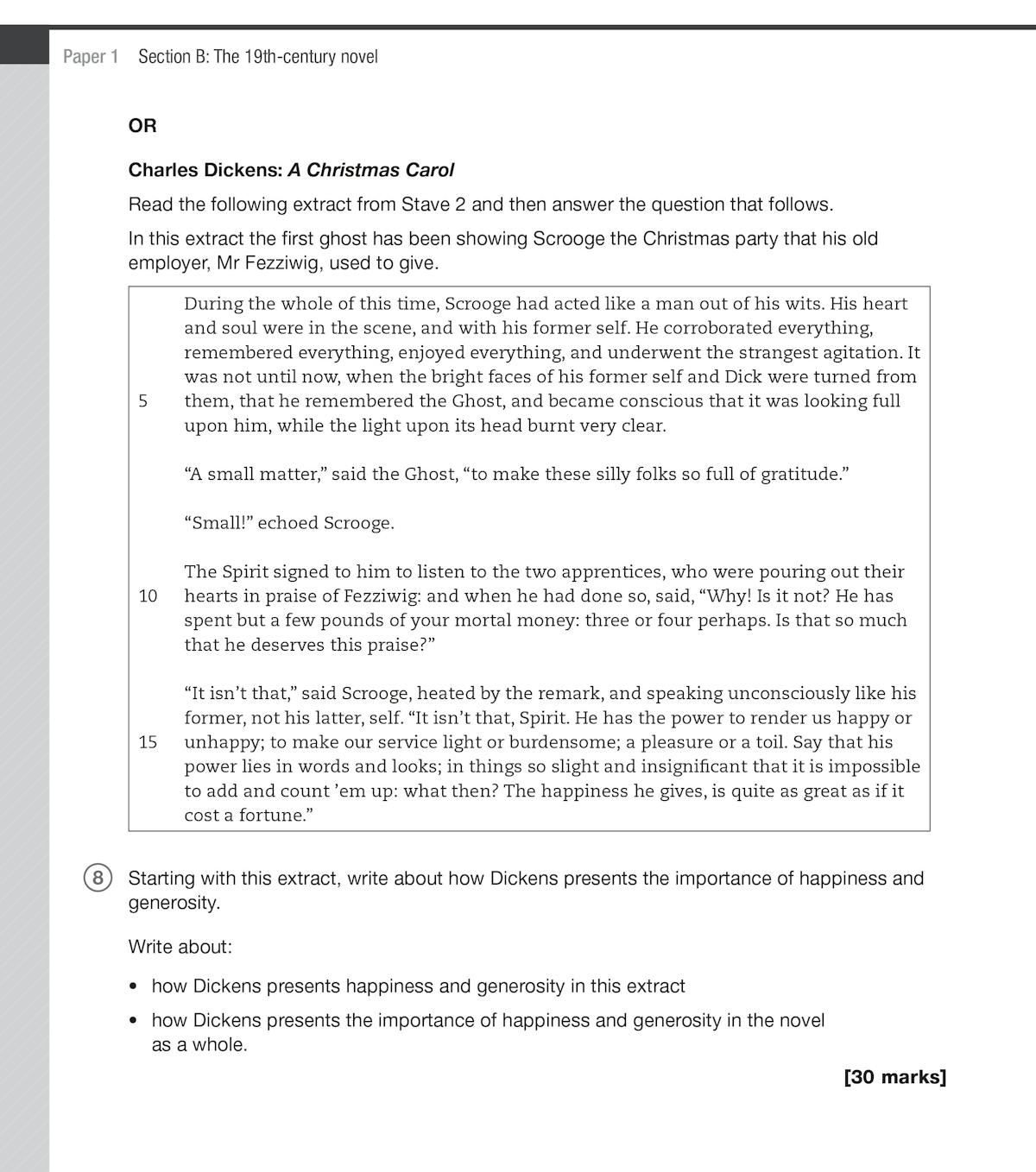 Sample exam question on Charles Dickens' A Christmas Carol with structured writing prompts