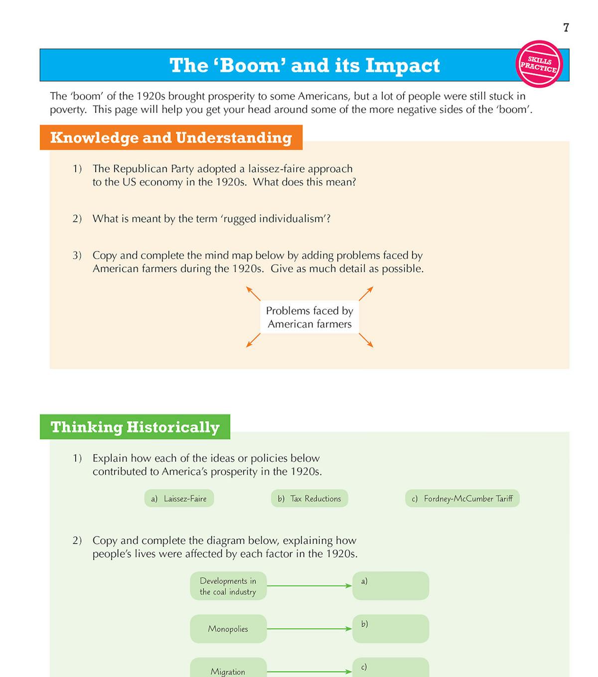 Double-page spread showing the 1920s economic boom with knowledge questions and thinking historically activities
