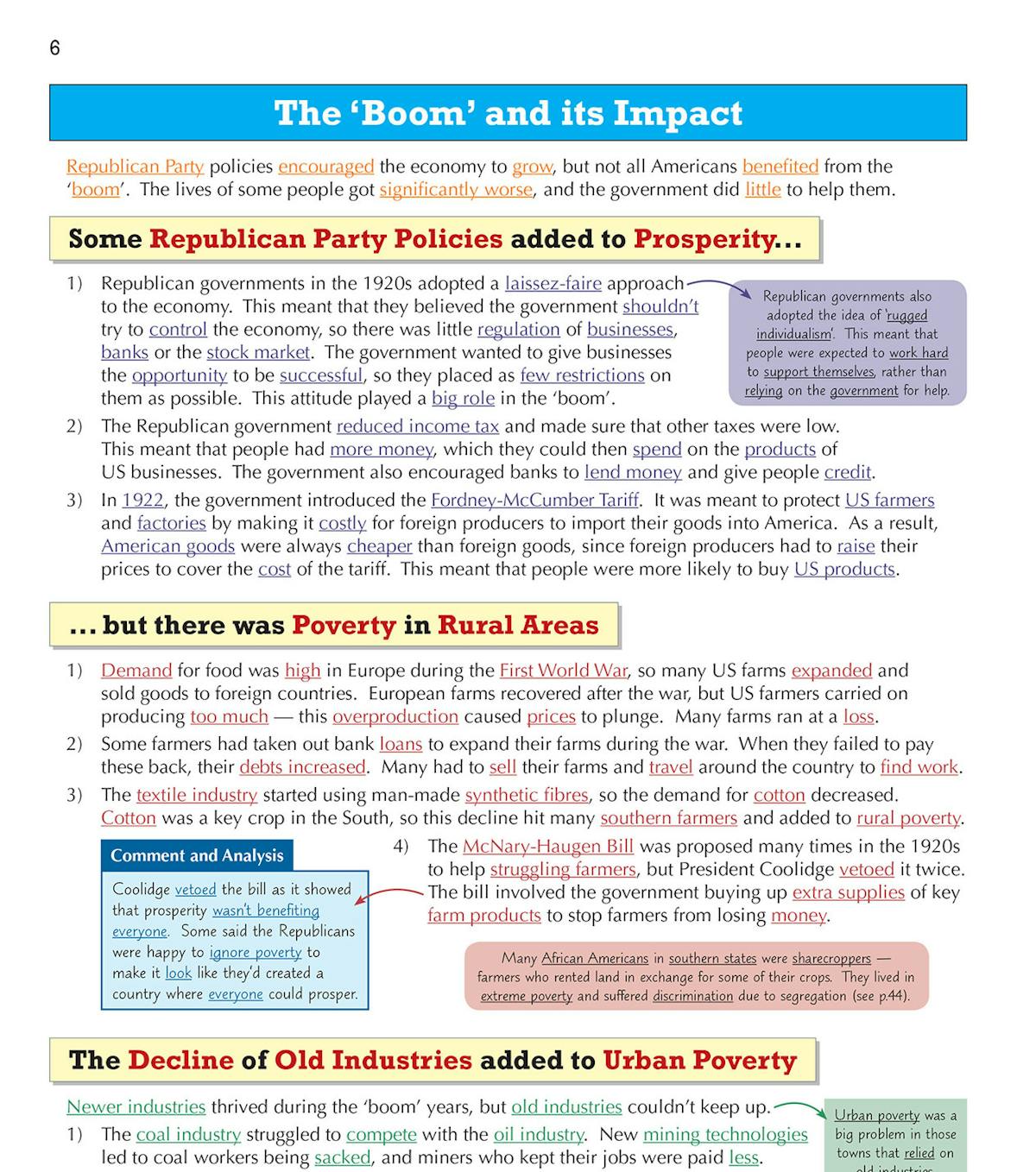 Content pages explaining the economic boom and poverty in rural and urban areas with comment and analysis boxes