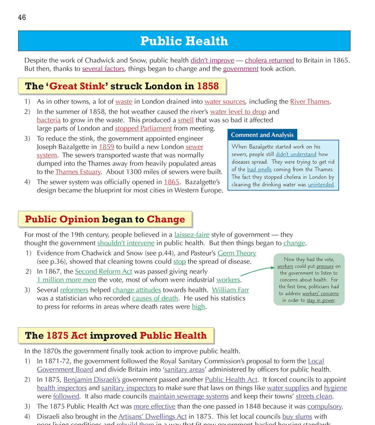 Public health topic pages with colour-coded sections and comment boxes