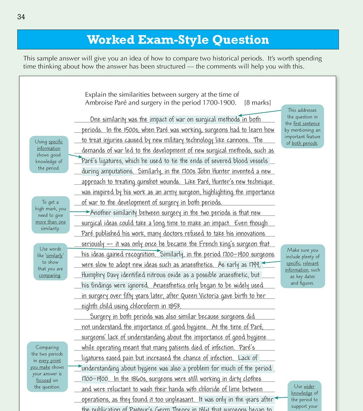 Worked exam-style question page showing annotated sample answer with examiner tips