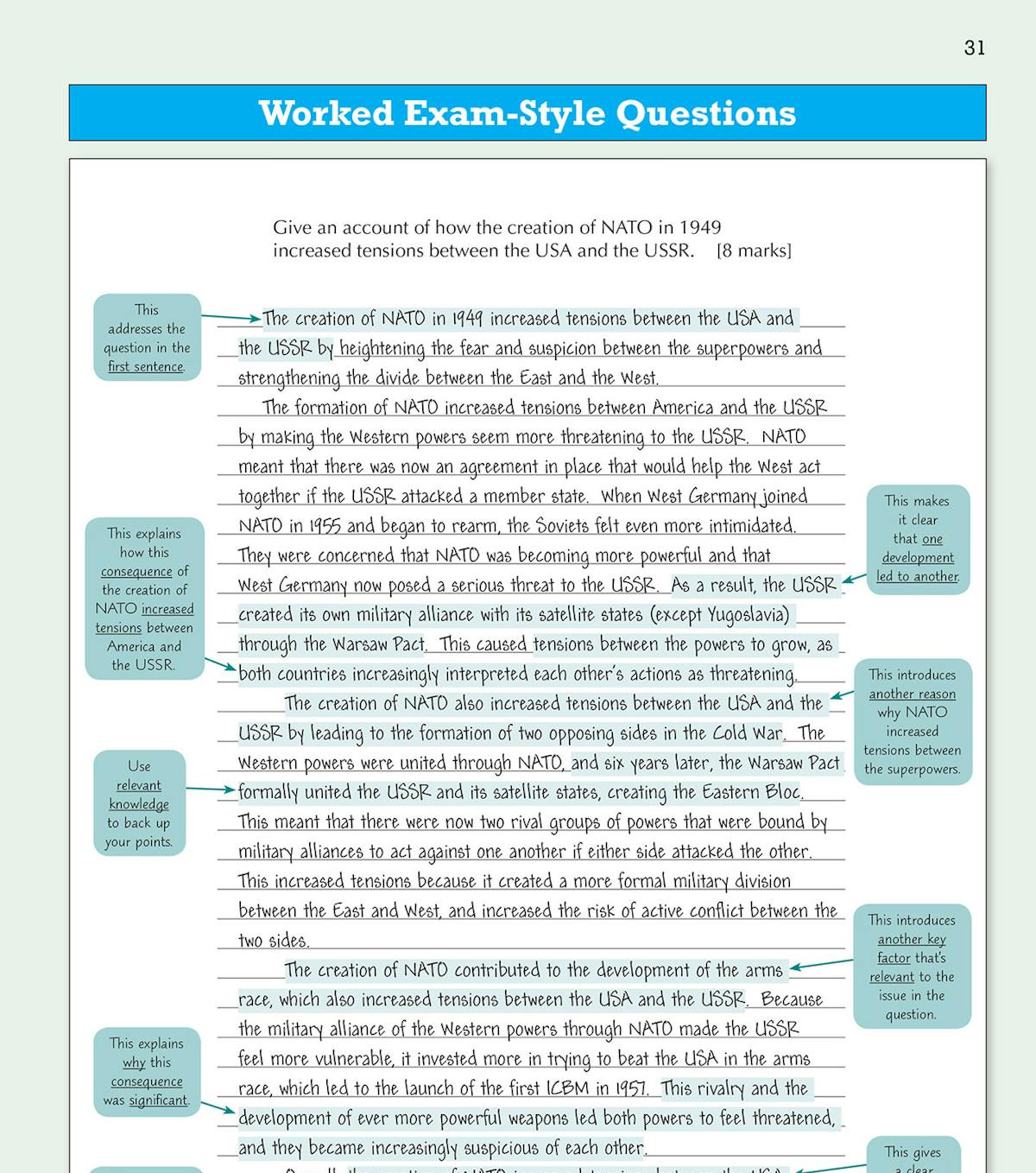Worked exam-style question on NATO with annotated model answer and examiner tips