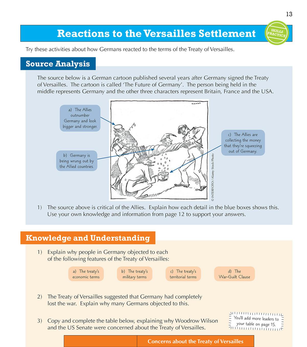 Knowledge and understanding activities page featuring questions on the Treaty of Versailles