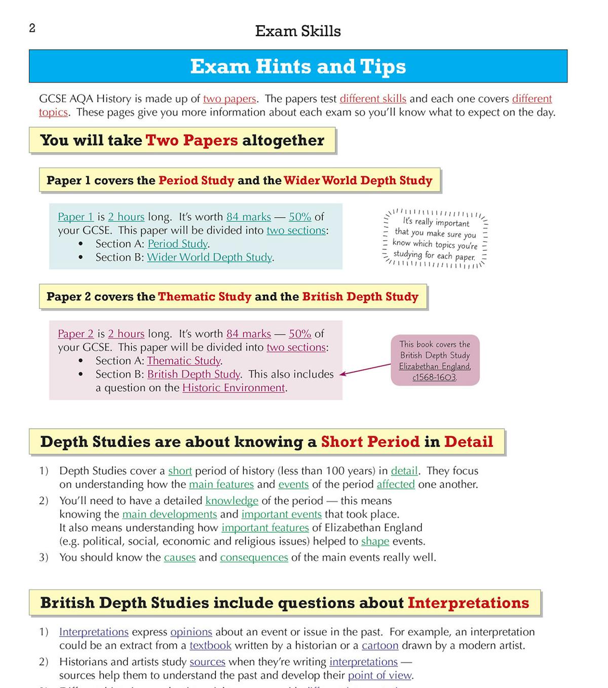 Exam skills pages with hints and tips for AQA GCSE History