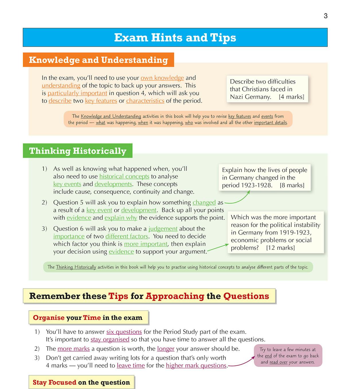 Exam hints and tips page showing knowledge and understanding, thinking historically, and tips for approaching questions