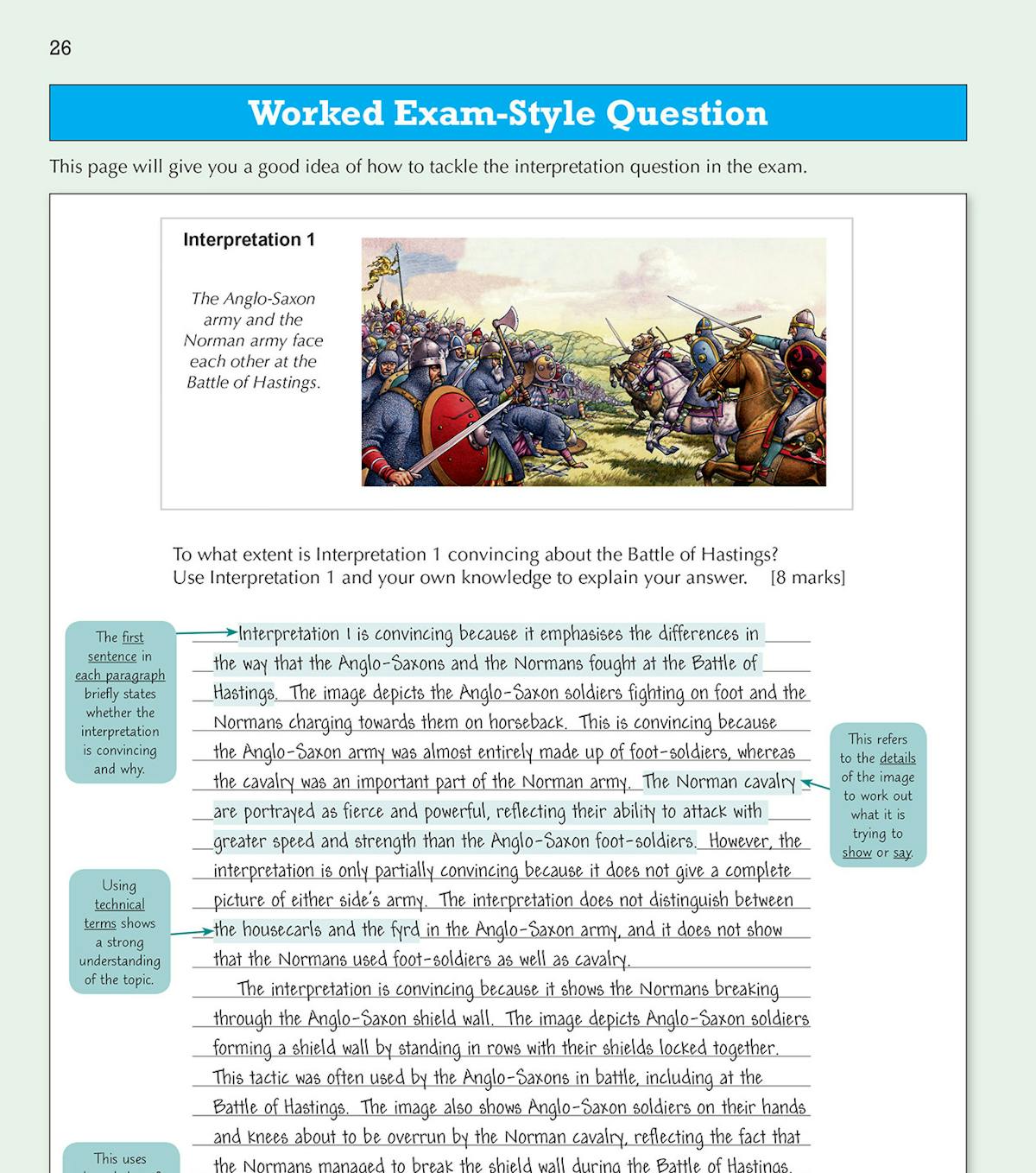 Exam-style questions page with interpretation and 8-mark practice questions on Norman England