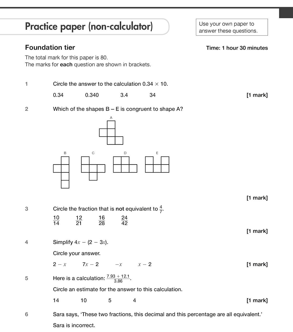 Foundation tier non-calculator practice paper showing exam-style questions