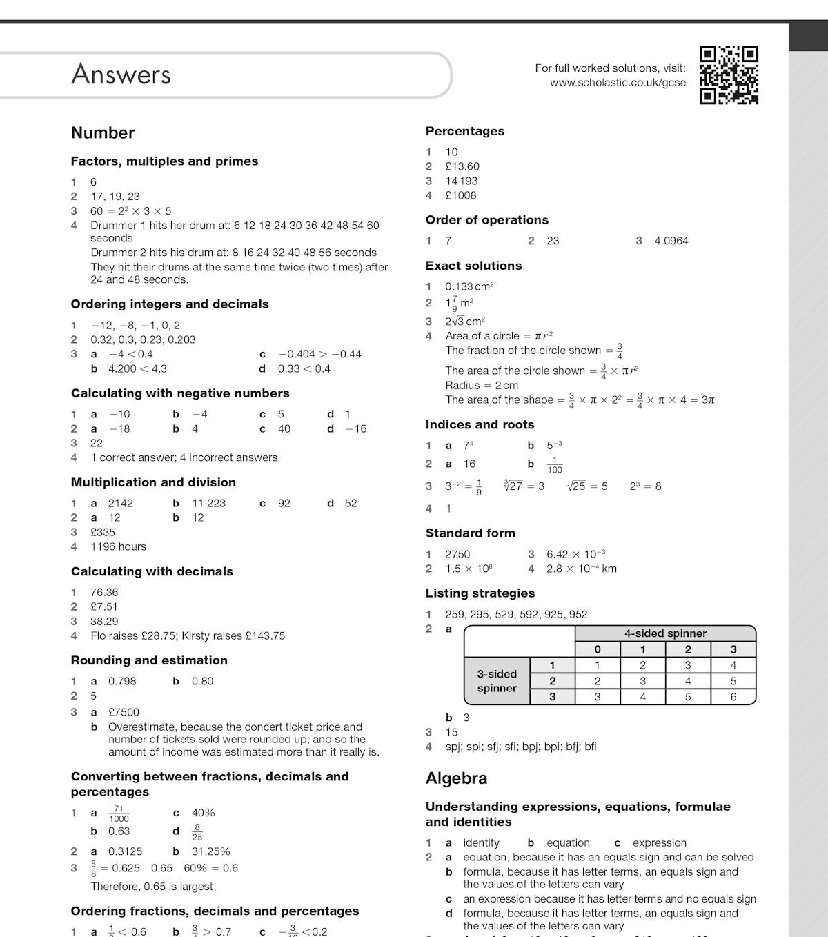 Answer section showing worked solutions for number topics