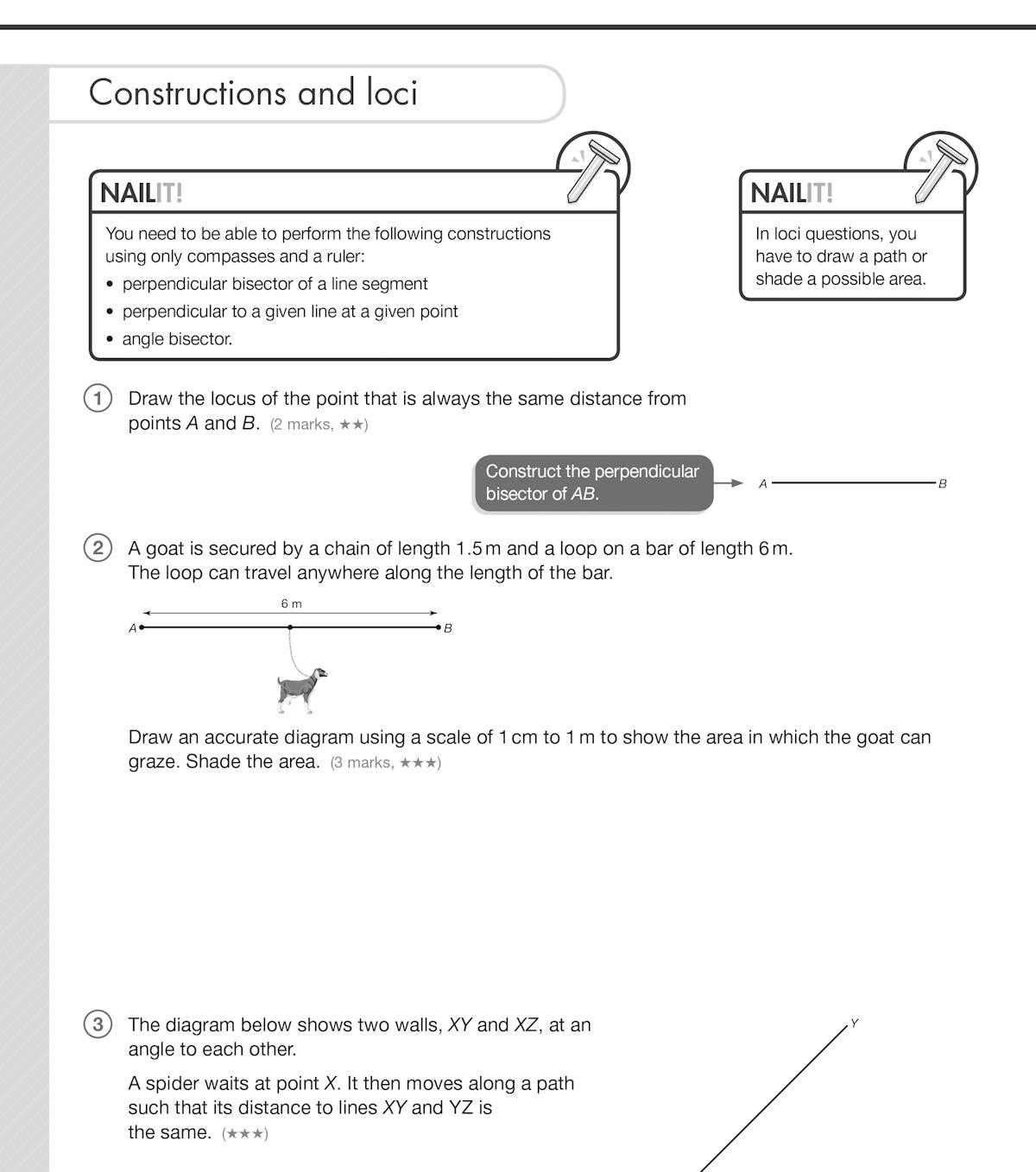 Sample page showing constructions and loci questions with Nail It! examiner tips and worked examples