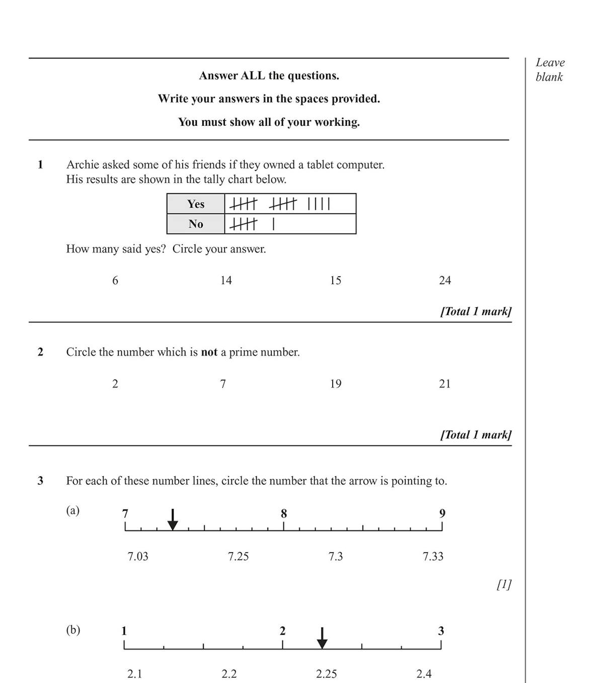Sample page showing tally chart and number line questions from AQA GCSE Maths Foundation practice paper