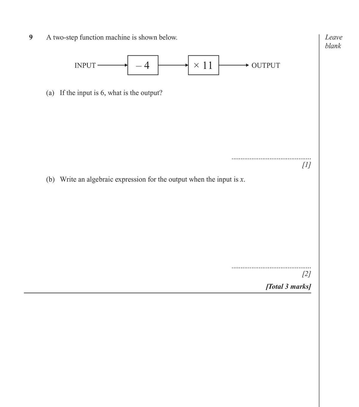 Sample page displaying a two-step function machine algebra question with mark allocations
