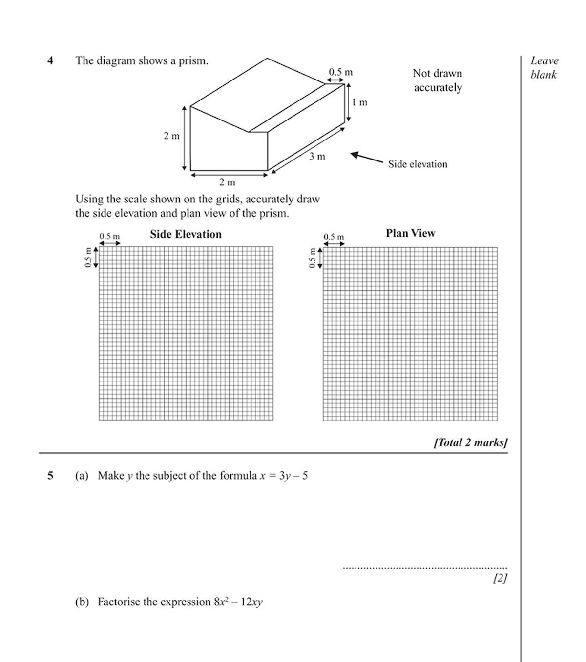 Inside page showing geometry and algebra questions with answer spaces