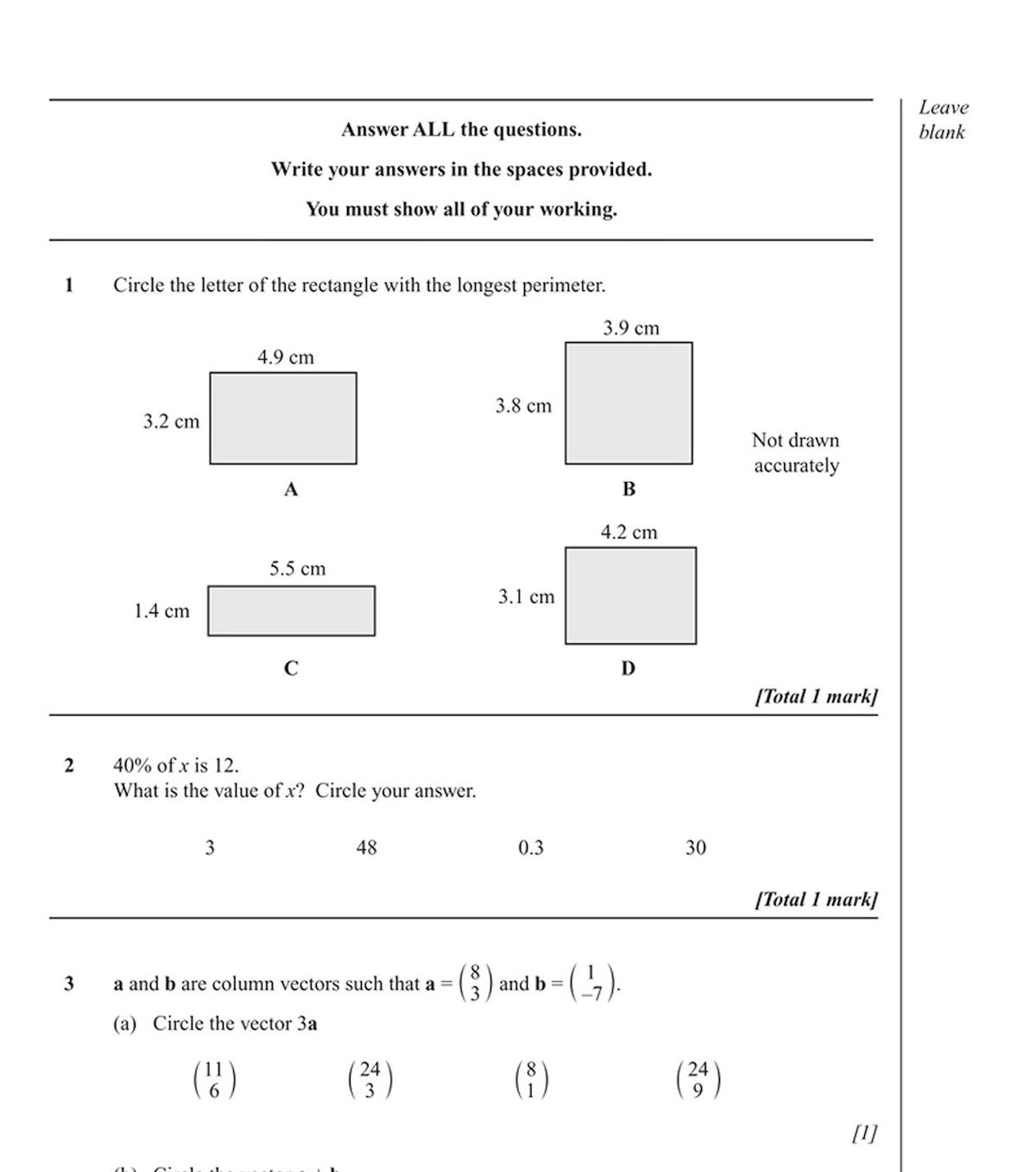 Opening page of a practice paper showing multiple-choice and calculation questions