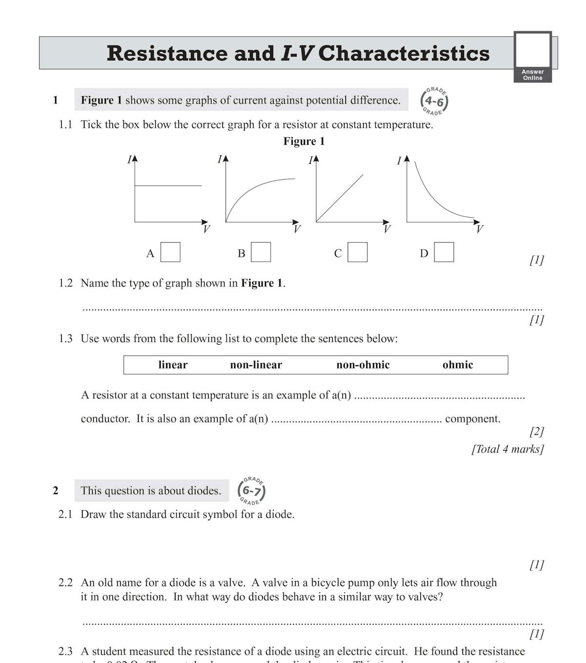 Sample page showing resistance and I-V characteristics questions with graphs and tick boxes