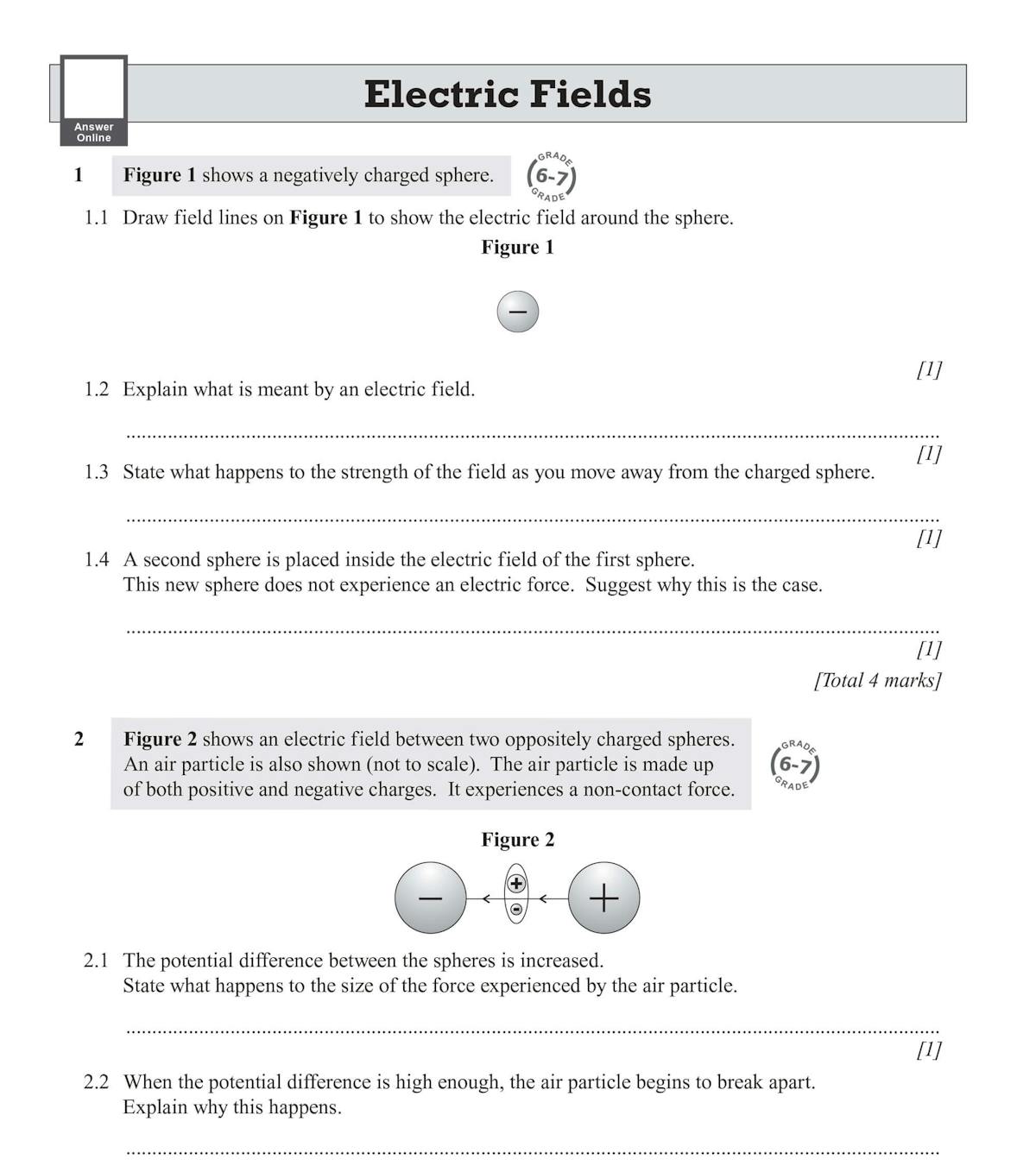 Sample page on electric fields showing diagrams of charged spheres and structured answer space