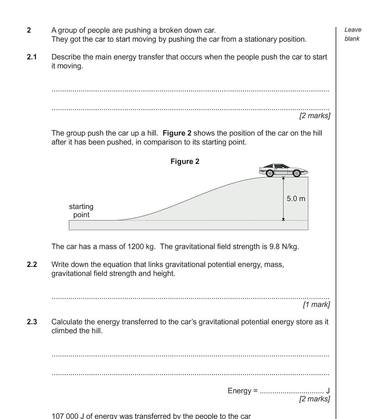 Sample exam question on energy transfer and gravitational potential energy