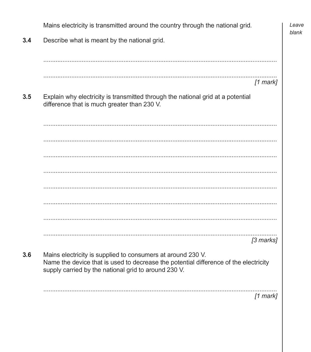 Exam question on the national grid and electricity transmission