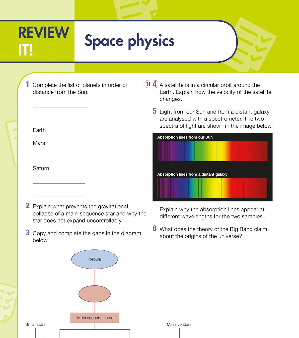Review questions on space physics topics including planetary order and the Big Bang theory