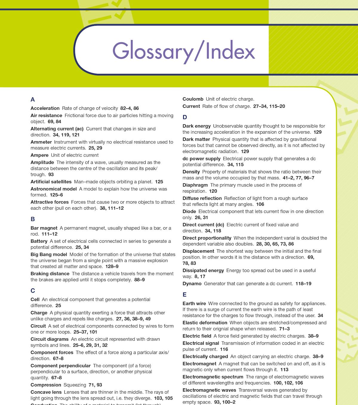 Glossary page showing physics definitions from acceleration to electromagnetic waves