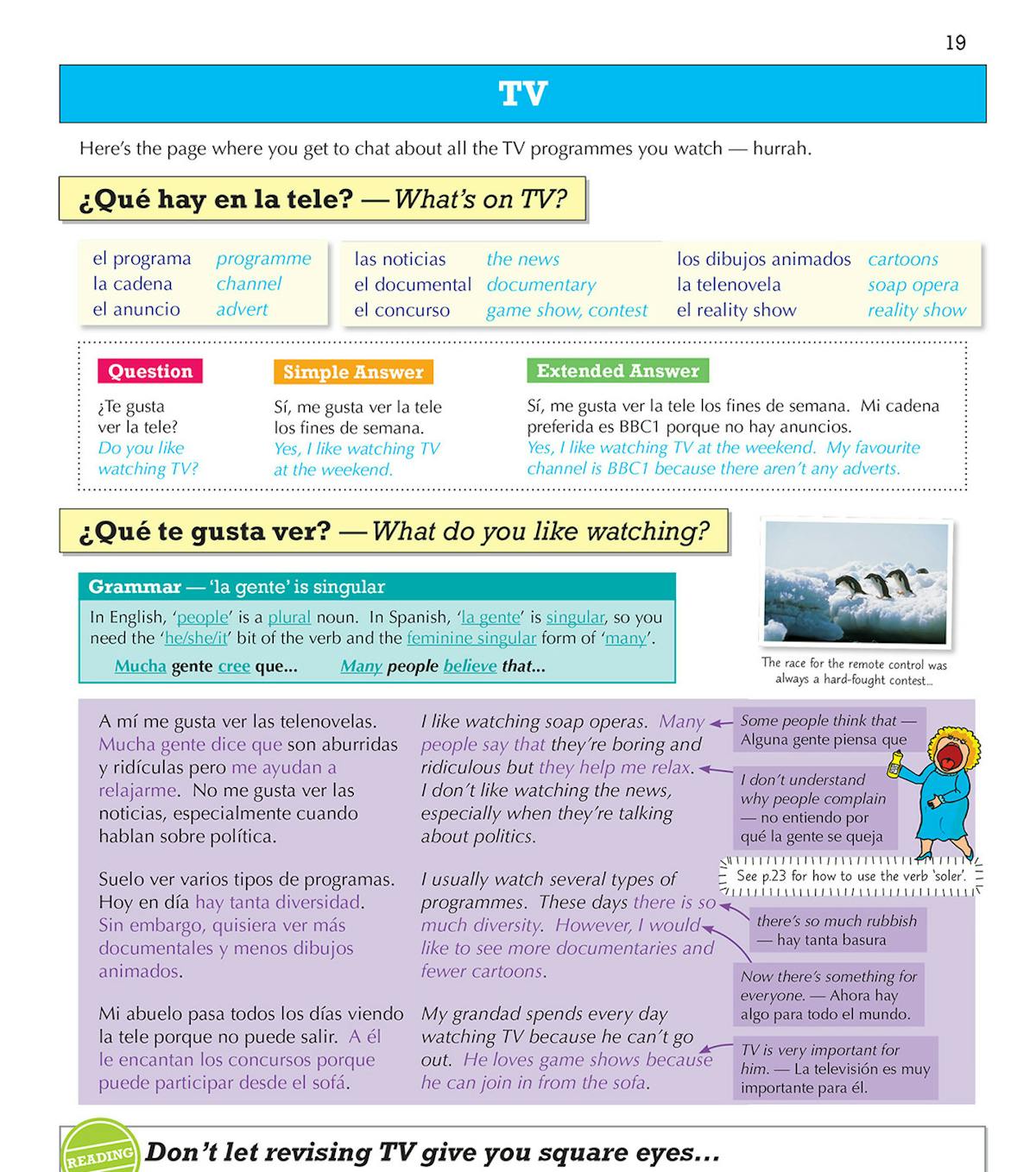 Inside pages showing Music topic with vocabulary, grammar notes and exam-style practice questions