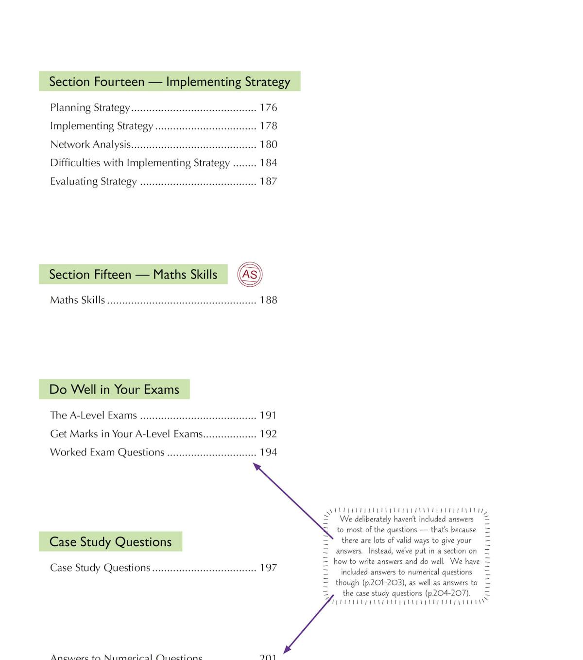 Sample contents page showing case study questions, worked examples, and answers section