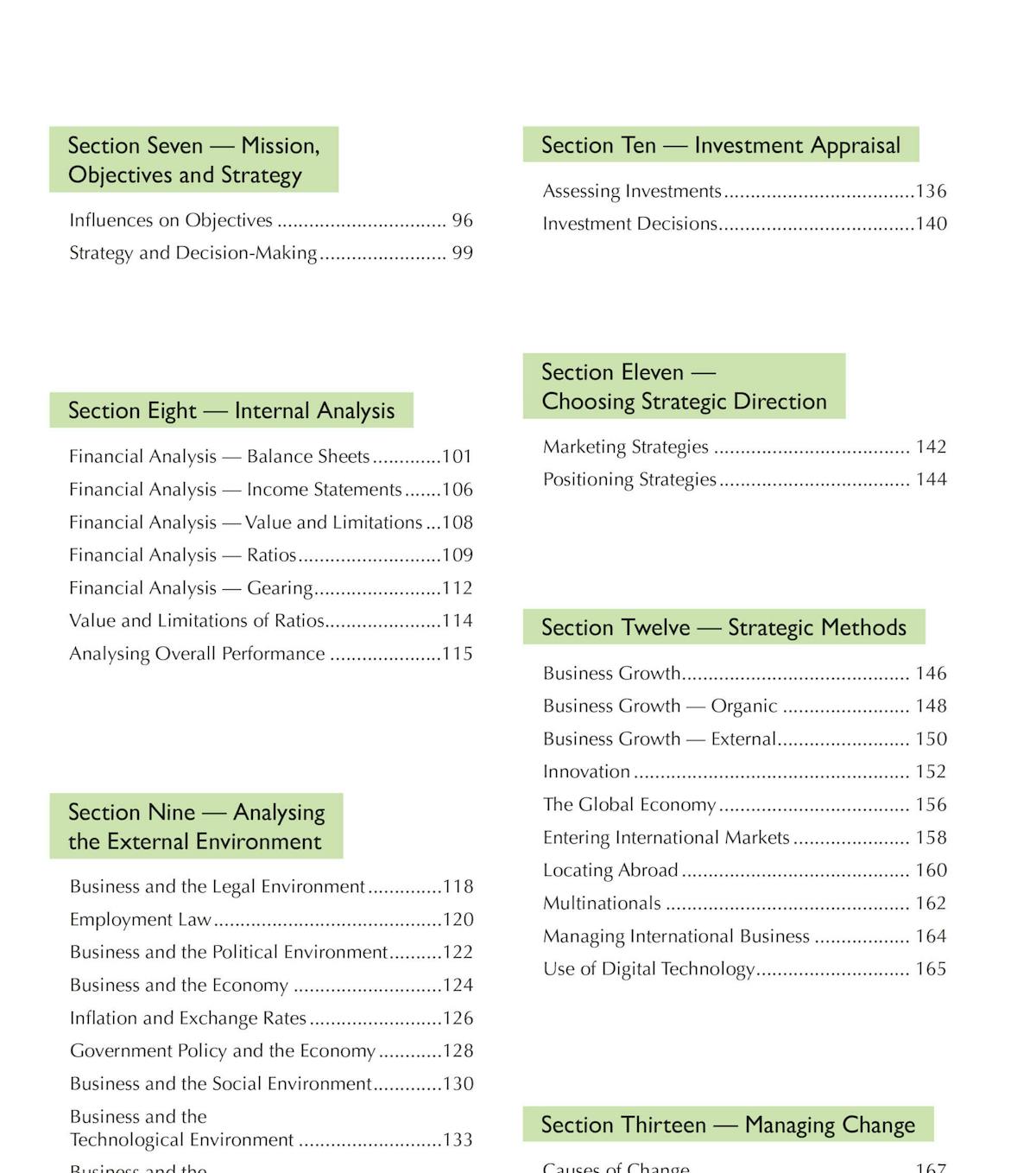 Contents page showing the comprehensive topic coverage including strategy, financial analysis, and managing change