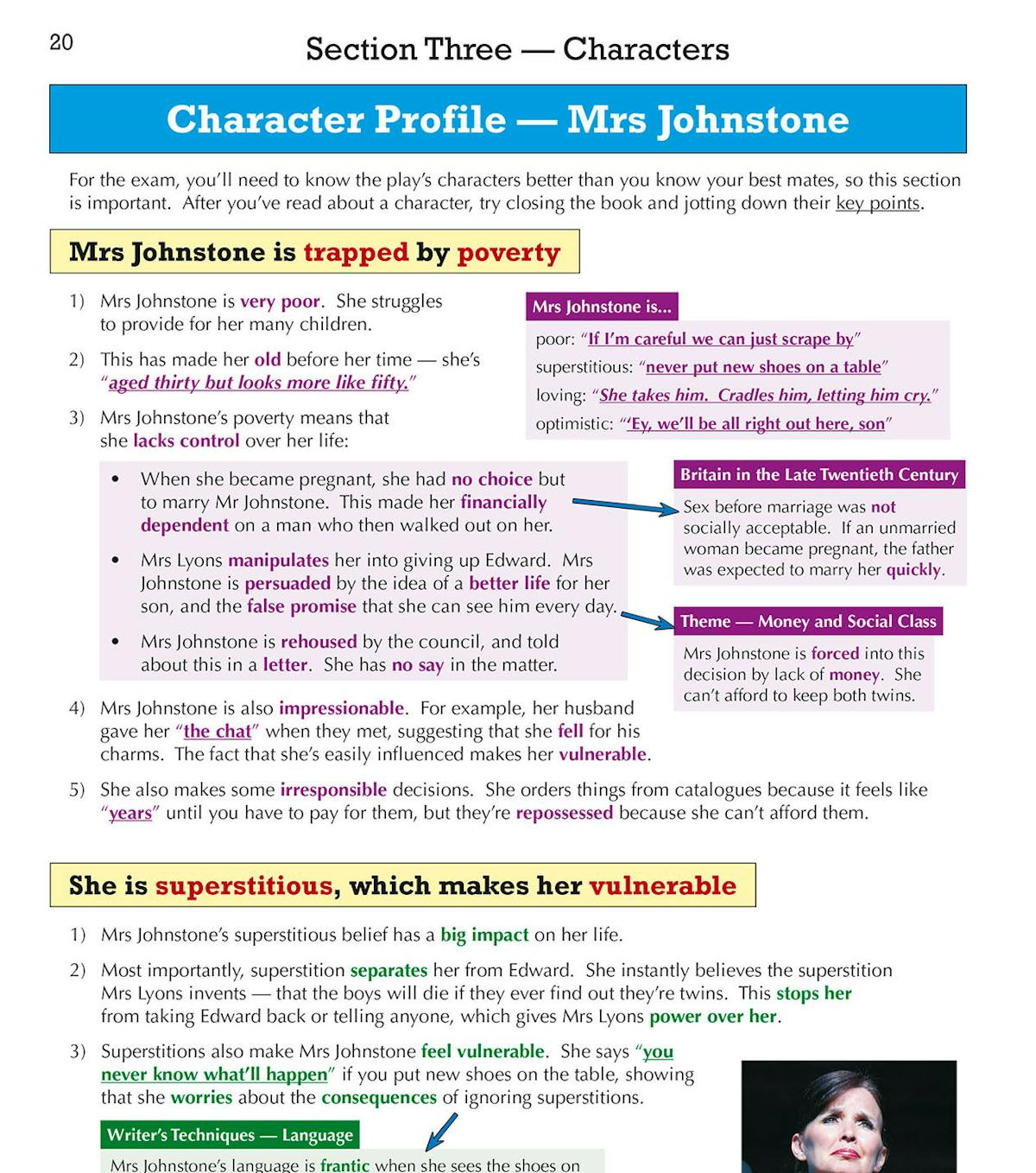 Character profile page showing detailed analysis of Mrs Johnstone with key quotations and themes