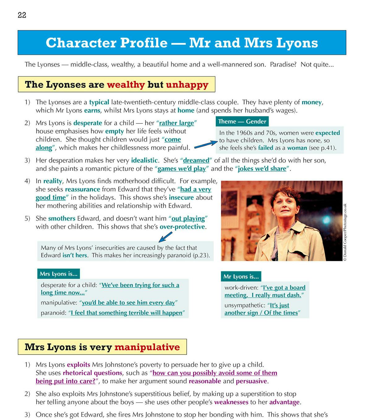 Character profile page for Mr and Mrs Lyons highlighting manipulation, wealth, and insecurity