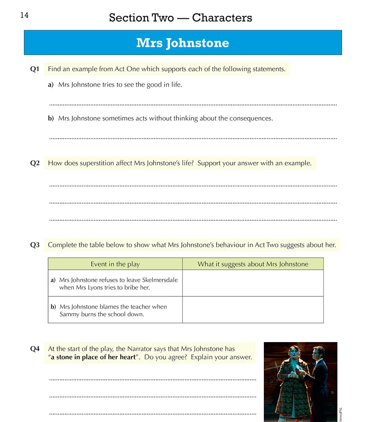 Inside page showing character analysis questions for Mrs Johnstone